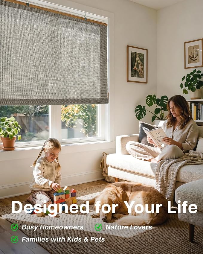 LazBlinds Manual Roll-up Bamboo Blinds, 24" W x 72" H, Star-Grey | Easy Install Roller Shades for Windows, Hook-On Light Filtering Bamboo Shades for Interior Indoor Windows