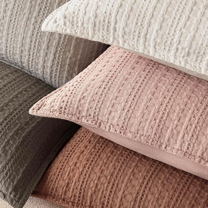Foindtower Set of 2 Decorative Cotton Waffle Weave Throw Pillow Covers Euro Shams Cushion Covers Accent European Pillowcase for Bed Couch Sofa Bedroom Living Room Home Decor 20×20 Inch Coral Pink