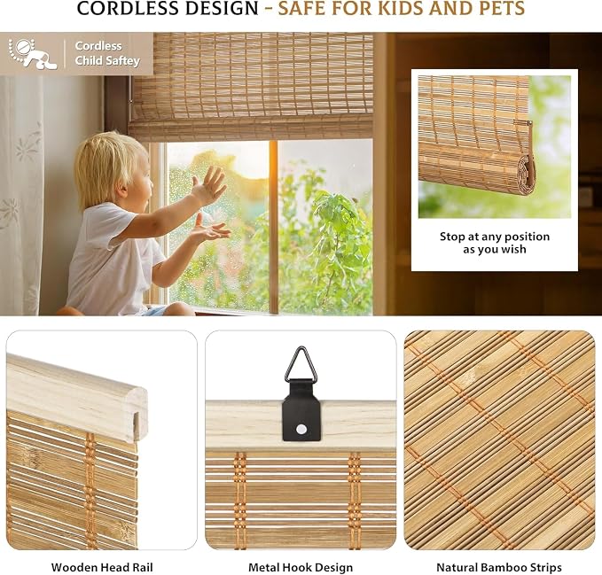 LazBlinds Cordless Bamboo Blinds, Custom Size, Squirrel | Bamboo Roll Up Shades for Windows, Light Filtering Hanging Window Blinds, Bamboo Shades for Patio Indoor/Outdoor Porch