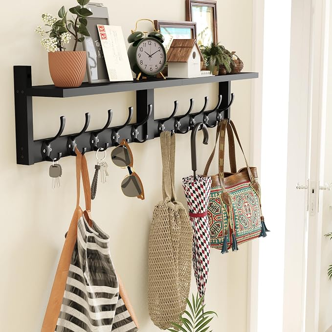 AMBIRD 34.2" Extra Long Wooden Wall Hook Rack with Shelf - Versatile and Decorative Wall-Mounted Storage with 10 Hooks for Coats, Hats, Keys - Ideal for Entryways, Bedrooms, Closets (Stylish Black)