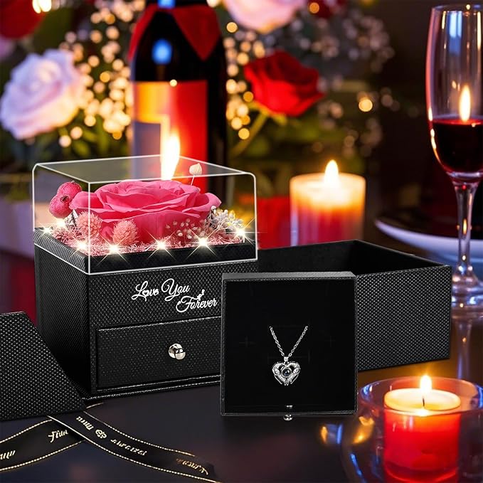 FIACO Gifts for Mom Preserved Real Roses with I Love You Necklace Fresh Forever Flowers Mothers Day Flower Gifts for Women Grandma Anniversary Birthday Gift for Girlfriend Wife Daughter