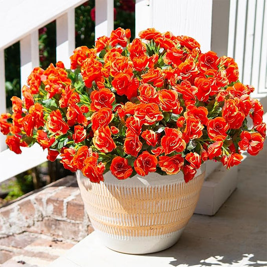 HyeFlora Artificial Faux Outdoor Outside Flowers Plants For Spring Decor, Fake Silk Orange Camellia UV Resistant Look Real for Autumn Planter Front Door Porch Patio Balcony Decoration, 3 Large Bundles