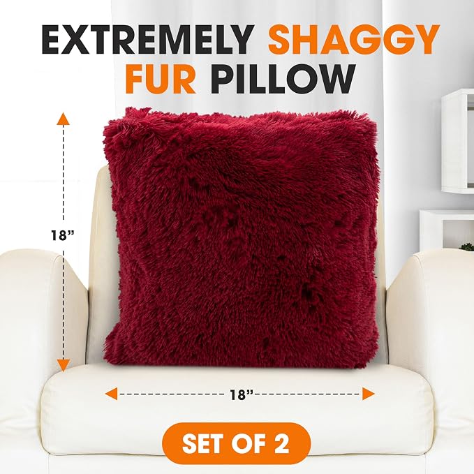 Cheer Collection Throw Pillows for Couch and Bed, Soft Shaggy Throw Pillows with Inserts Included, Cozy Long Hair Faux Fur Pillows - Set of 2-20" x 20" - Maroon