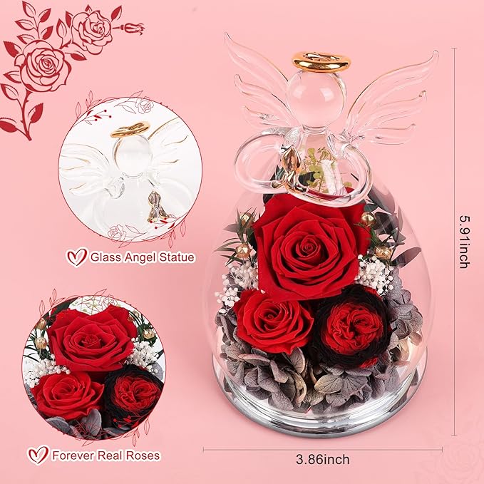 FIACO Gifts for Women Preserved Rose Forever Flower in Glass Angel Figurines Fresh Flowers for Delivery Mothers Day Birthday Gifts for Mom Real Roses for Grandma Sister Wife Her from Daughter