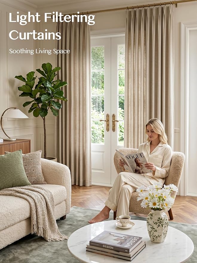 Liz Pinch Pleated Linen Curtains Light Filtering Curtains for Living Room, Farmhouse Window Curtains for Bedroom, Modern Drapes with Hooks and Rings, 102 Inches Long, Burlywood Birch, 2 Panels Set