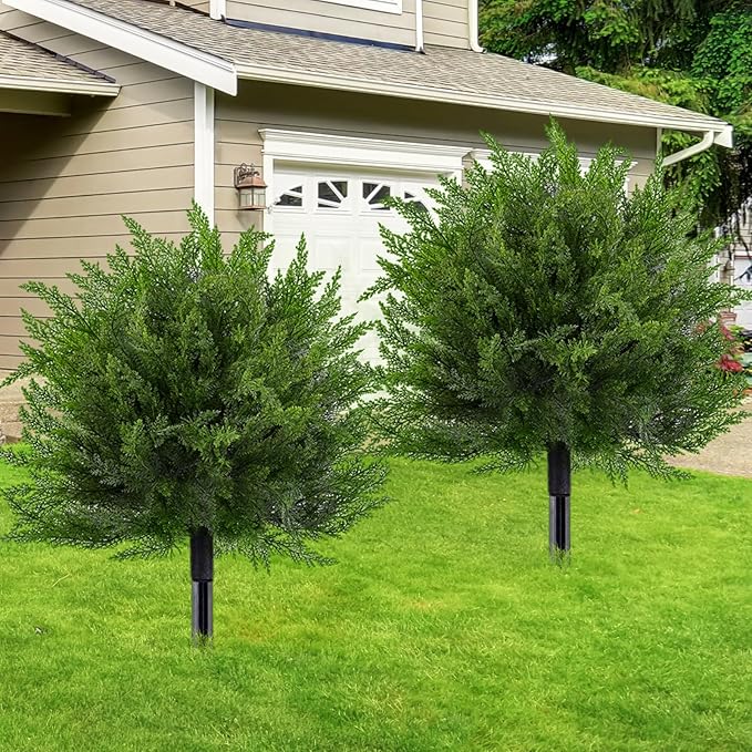 FAJUNZH Artificial Topiary Bushes for Outdoors with Spike, Boxwood Ball Fake Shrubs UV Resistant Faux Plants for Indoor Outdoor Fall Thanksgiving Halloween Decor (Cedar Topiary Ball Trees)