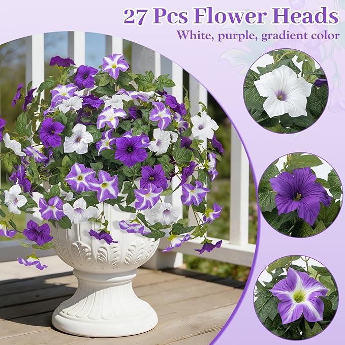 Ouddy Decor 3 Pcs Artificial Flowers for Outdoors Decorations, Fake Silk Petunias Flowers Faux Plants UV Resistant for Garden Porch Window Box Balcony Yard Planter Spring Summer Home Decor, Purple