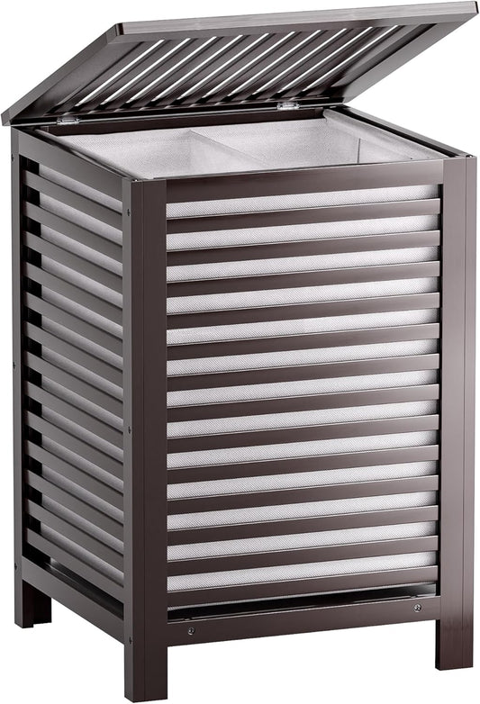 SMIBUY Double Laundry Hamper with Lid, 120L Bamboo Laundry Basket with Removable Liner Bag, 2-Section Clothes Divider Laundry Sorter for Laundry Room, Bathroom, Bedroom (Dark Brown)