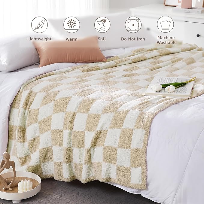 WRENSONGE Soft Checkered Throw Blanket for Couch-Cozy Warm Knitted Blankets | Lightweight Warm Fluffy Decor for Women, Mom, Her & Girls, Sofa, Chair, Bed, 50x70in, Beige
