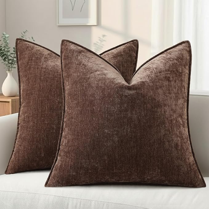 decorUhome Summer Couch Throw Pillow Covers 18x18 Set of 2, Decorative Soft Velvet Modern Cozy Chenille Pillow Cases with Elegant Design for Sofa Bed Living Room Home Decor, Dark Brown