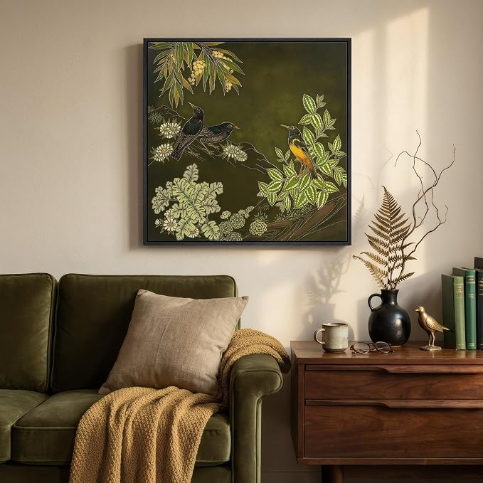 Framed Green Wall Art, Vintage Botanical Flower Bird Nature Canvas Prints Paintings for Walls, Rustic Olive Green Square Pictures Wall Decor for Living Room Bedroom Dining Room Bathroom, 24x24 In