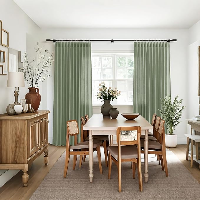 Jowels Light Sage Green Linen Curtains 84 Inch 2 Panels for Living Room | Light Filtering Semi Sheer Curtain, Back Tab Pocket Pleated Look, Boho Farmhouse Textured Privacy Drapes for Bedroom Window