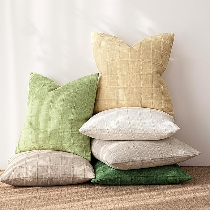 Foindtower Set of 2 Decorative Linen Check Throw Pillow Covers Neutral Farmhouse Vintage Cushion Covers Modern Boho Accent Home Decor for Sofa Chair Couch Bedroom Living Room,24×24 Inch,Light Yellow