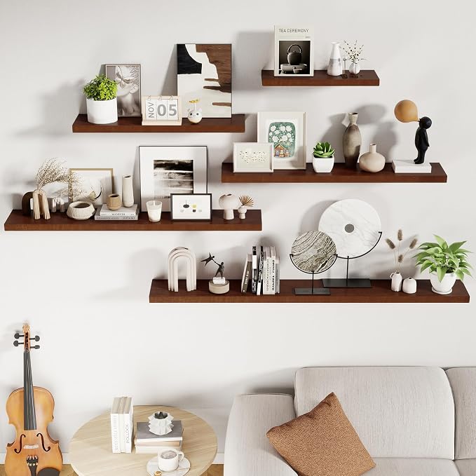 RICHFOCUS Floating Shelves for Wall 48 Inch Solid USA-Sourced Oak Wooden Shelves for Bathroom Kitchen 9" Deep Modern Wood Shelf with Heavy-Duty Bracket for Wall Mounted, Walnut Finish