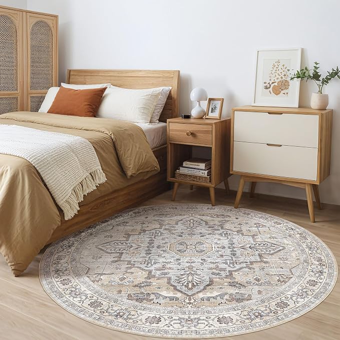 Round Rug Living Room Rugs: 7x7 Washable Boho Neutral Large Circle Soft Indoor Distressed Stain Resistant Floor Farmhouse Carpet for Bedroom Nursery Kids Playroom Office Dining Room Dorm- Cream Gray