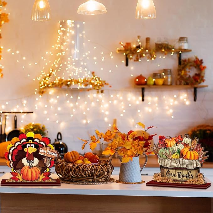 Cinnvoice 6 Pcs Thanksgiving Turkey Table Decorations Wooden Table Centerpieces Rustic Wood Tabletop Sign Decorations for Home Kitchen Office Farmhouse Desk Shelves Party Tiered Tray Decor