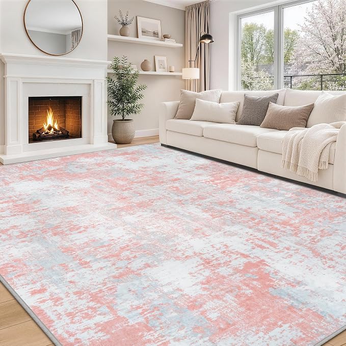 Pink Rug Carpet 10x14 Area Rugs for Bedroom Girls: Washable Modern Rug for Living Room Dining Room Non Slip Low Pile 10 by 14 Indoor Abstract Home Office