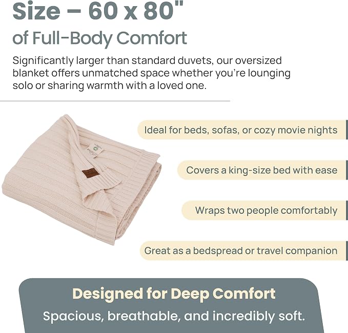 Dalisa 100% Organic Cotton Knit Blanket Denise -Soft and Lightweight, Breathable All-Season Throw for Bed, Sofa, or Lounge Area -Perfect for Home and Bedroom Styling (Stone 60x80)