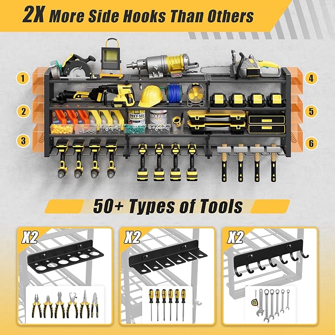 Jusgym Large 49''W Power Tool Organizer Wall Mount |650lbs Garage Storage Rack with 12 Cordless Drill Holder |4-Tier Heavy Duty Tool Storage Rack for Garage Organization |Gift for Men
