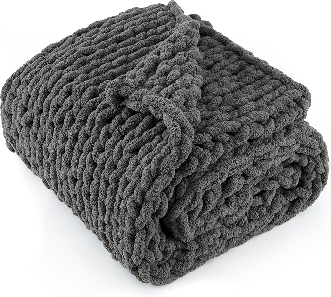 Chunky Knit Throw Blanket 60x80, 100% Handmade Chenille Yarn | 6.7lbs Soft Thick Cable Knitted Blankets, Large Rope Knot Crochet Throws for Couch Sofa Bed Machine Washable, Dark Grey