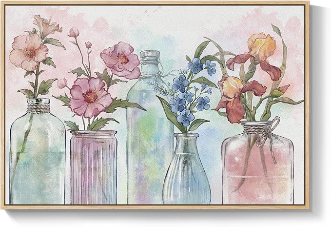 Framed Colorful Floral Wall Art, Modern Botanical in Vase Canvas Prints Painting, Pastel Watercolor Flower Wildflower Pictures for Living Room Bedroom Dining Room Bathroom Room Wall Decor, 24x36 Inch