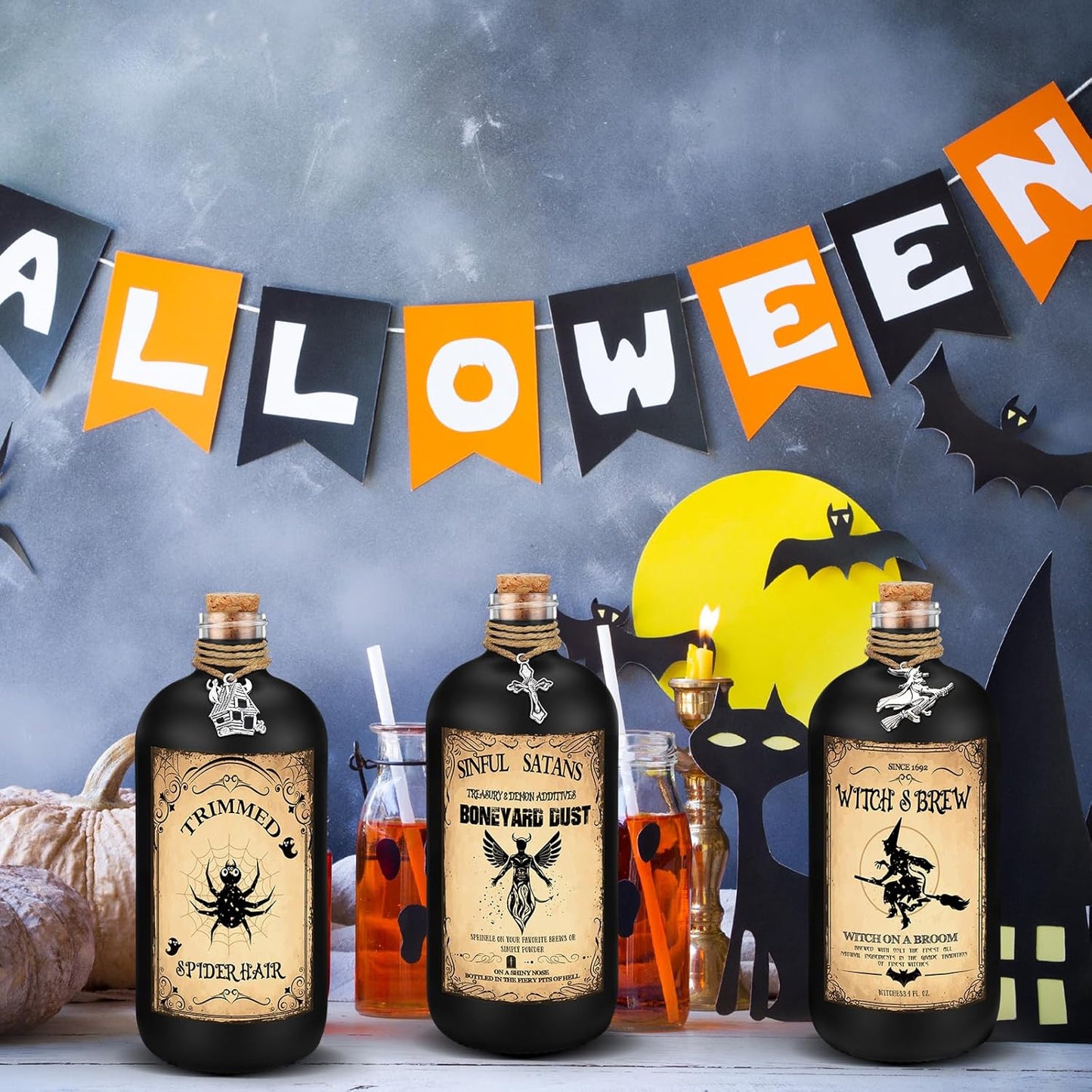 Uiifan 31 Pcs Halloween Potion Bottles Set Including Glass Apothecary Bottles with Cork Stickers and Pendants Halloween Decorations Indoor Party Supplies (Black,8.5 oz)