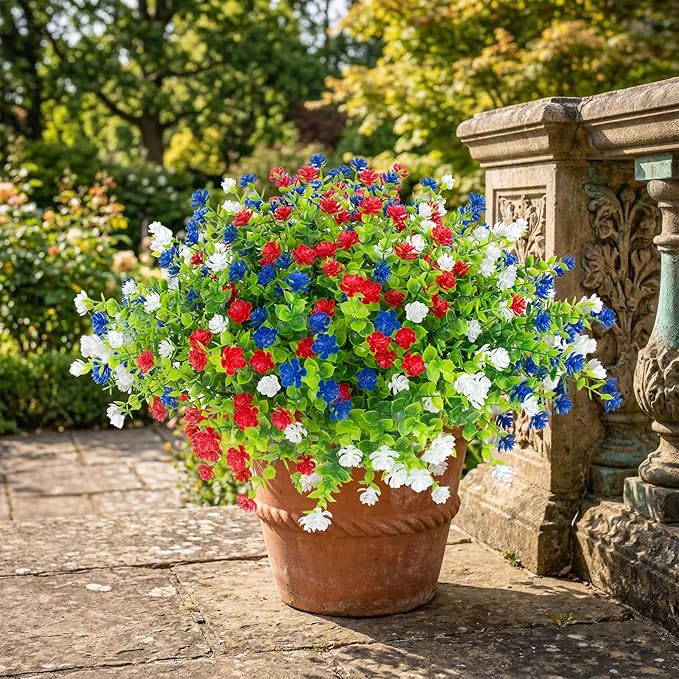 Hananona Artificial Flowers Outdoor, Faux Artificial Plants UV Resistant Plastic Flower Bulk for Hanging Planter Porch Window Home Wedding Fall Summer Decor (24, Red, White, Blue)