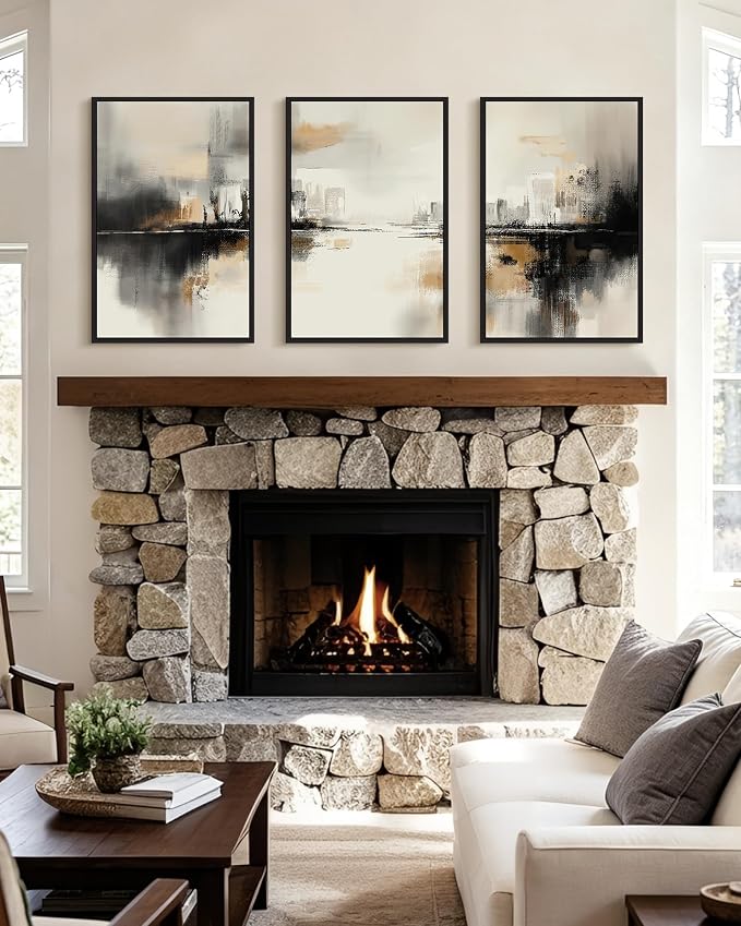 PHOPAGO Black Gray Abstract Landscape Framed Wall Art Large 16x24in Brown Tan Neutral Wall Decor Minimalist Modern Illustrations Prints Bedroom Home Decor - Black Framed