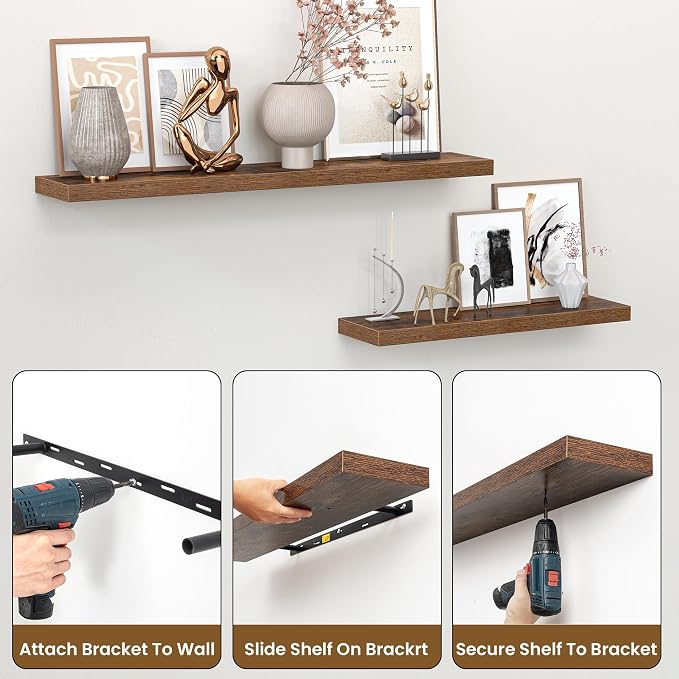 Heimlove Floating Shelves for Wall 32 Inch,Mounted Storage Wood Shelves with Invisible Brackets Hanging Shelf for Bedroom Living Room Kitchen Office,Set of 2,Rustic Brown