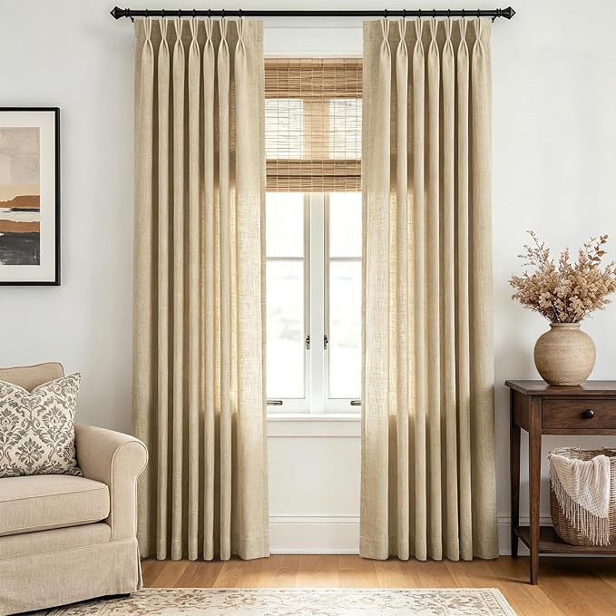 84 inch Long Triple Pinch Pleat Linen Curtains with Clips for Bedroom Light Filtering Pleated Drapes Memory Trained Pencil Look Burlap Textured Neutral Country Rustic Dining Room Curtain 2 Panel Set