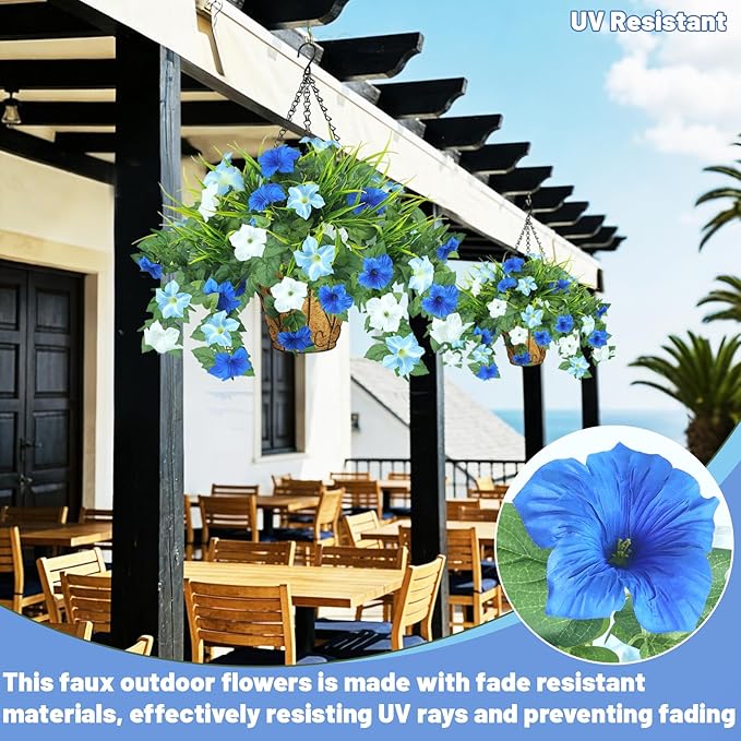 2 Pack Artificial Flowers Hanging Baskets for Outdoors, 10 PCS UV Resistant Faux Outdoor Plants, Fake Petunias Silk Flowers for Garden Balcony Yard Porch Decor (White Blue)