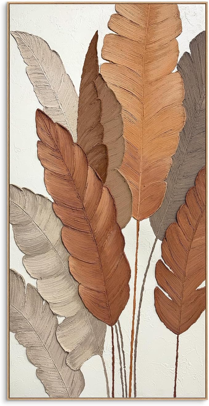 SAFERRYHOME Large 3D Leaves Hand Painted Wall Art, Textured, 27"x58" | Modern Textured Plant Framed Canvas Wall Decor, Contemporary 3D Leaf Painting Minimalist Artwork for Home Office Living Room