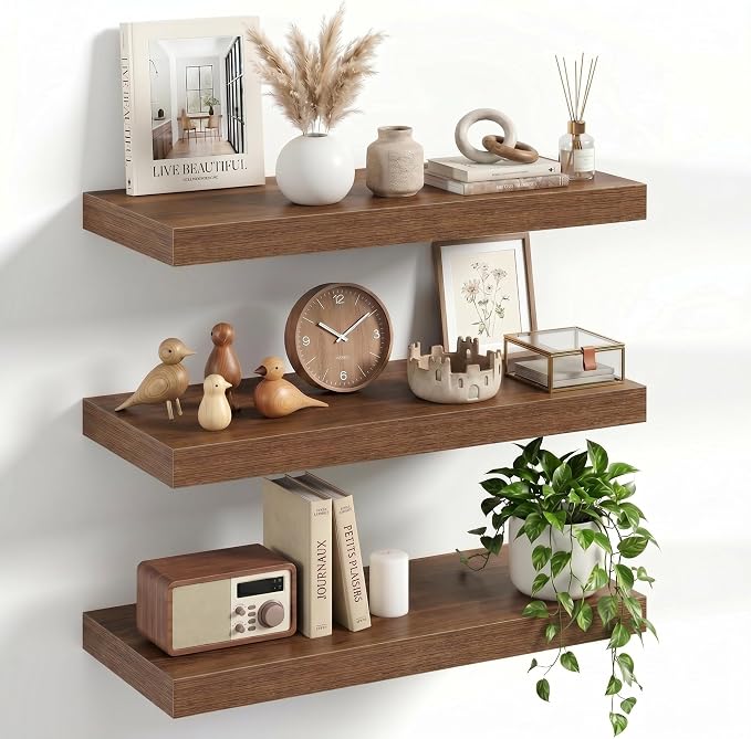 20" Floating Shelves for Wall, Set of 3, 8" Deep, 1.5" Thick, Walnut Finish | Rustic Wood Wall Shelves with Invisible Brackets, Storage and Display for Bathroom, Bedroom, Living Room or Kitchen
