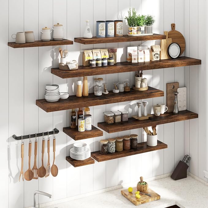 55 Inch Floating Shelves for Wall with Invisible Brackets Set of 2, 12"D Engineered Wood Wall Shelves with Wood Grain for Living Room, Bedroom, Bathroom, Kitchen Decor and Storage, Rustic Brown