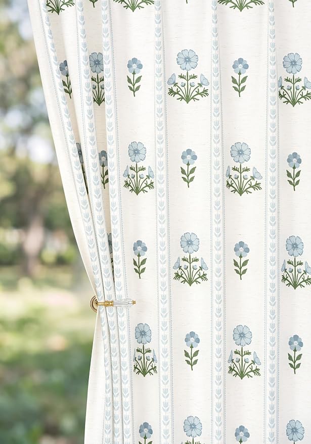 THREE GIRLS Pinch Pleated Light Filtering Linen Blend Floral Block Print Curtains for Living Room, Bedroom, Modern Farmhouse, Memory Trained, Hooks, 2 Panels Set, 40"x90", Blue