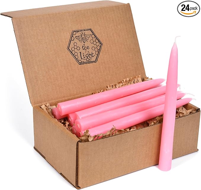 100% Pure Beeswax Taper Candles - All-Natural Handmade Decorative & Dipped Smokeless Unscented Candles for Christmas, Advent, and Hanukkah, Pink Sunrise, 8.5 Inches, 24 Candle Set, by BeeTheLight