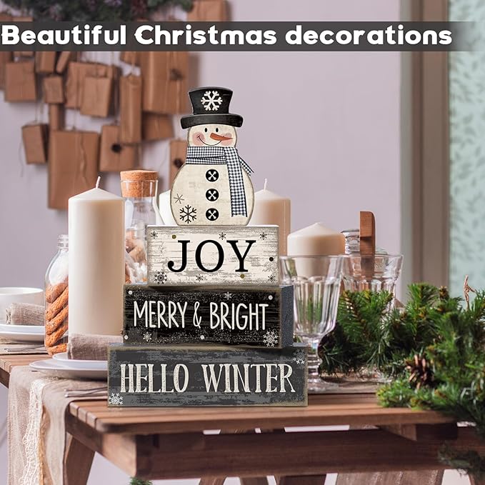 Lineshading 4 Pcs Winter Table Decorations Wooden Snowman Black and White Winter Tiered Tray Decor Christmas Centerpiece Decorations Rustic Wooden Snowman Block Sign Gifts Farmhouse for Home Kitchen