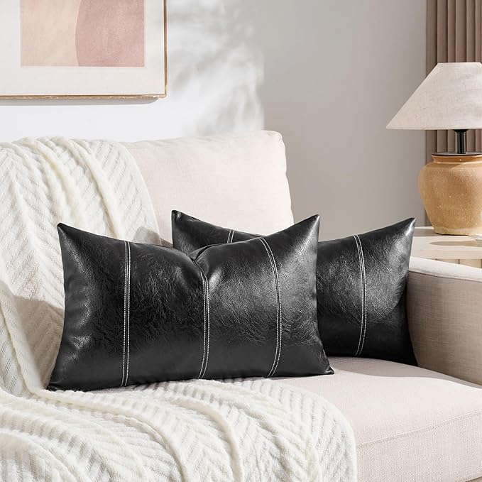 Fancy Homi Black Lumbar Faux Leather Decorative Throw Pillow Covers 12x20 Inch for Living Room Couch Bed Sofa, Boho Farmhouse Home Decor, Hand Stitched Rectangle Cushion Case 30x50 cm