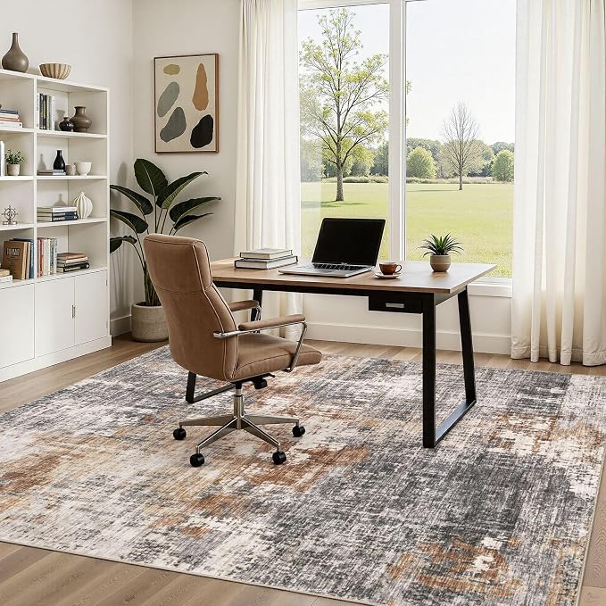 Area Rug Living Room Rugs - 5x7 Washable Large Soft Indoor Neutral Modern Abstract Low Pile Rug Carpet for Bedroom Dining Room Farmhouse Home Office - Grey Brown