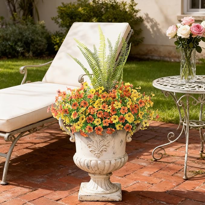 INQCMY Artificial Flowers for Outdoor 12 Pcs Faux Silk Daisy and 1 Pcs Fake Long Leaved Grass UV Resistant Tall Ferns for Home Doorway Courtyard Garden Backyard Decorative (Orange Yellow)