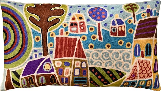 Blue Plant Pattern Throw Pillow Cover | Karla Gerard Artwork Pillows | Floral Couch Cushion | Kids Room Pillowcase | Plant Sofa Pillows | Hand Embroidered Cushions Wool Size - 14x24