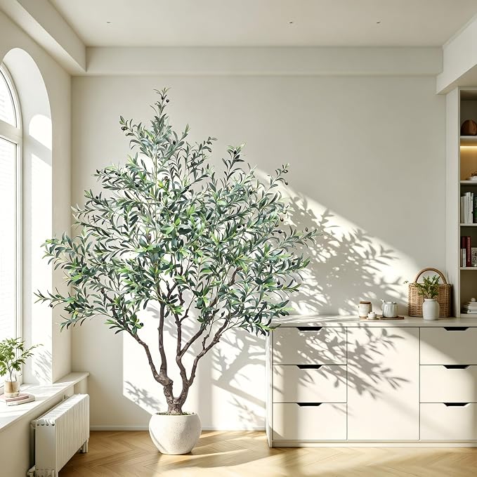 Caxchiling Large Artificial Olive Tree 8FT, Indoor Outdoor Faux Tall Tree | Natural Trunk with Olive Fruits and Buds in White Planter for Home Office Living Room