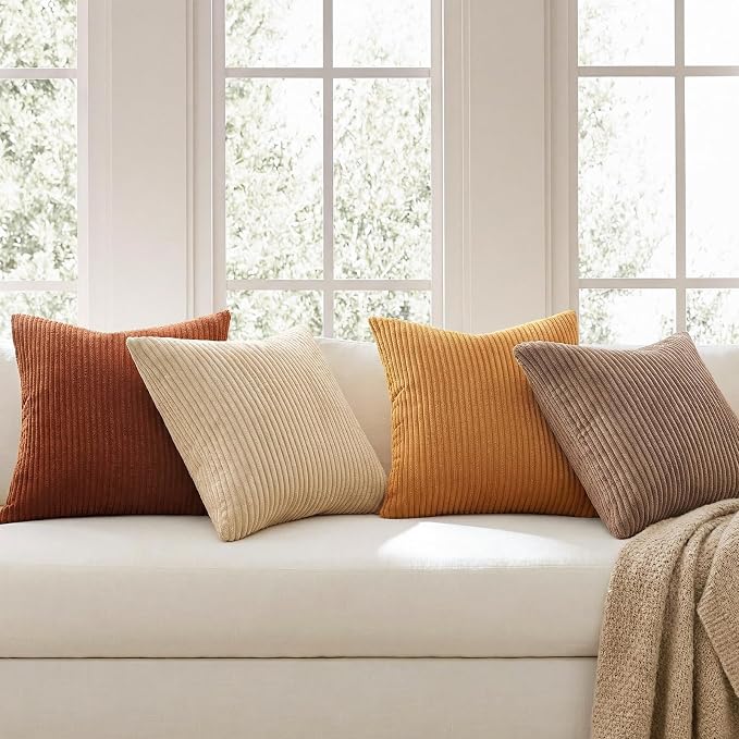 Topfinel Yellow Brown Gradient Rustic Pillow Case Boho Throw Pillow Covers 22x22 Inch Set of 4 Soft Farmhouse Corduroy Striped Decorative Cushion Cover for Sofa Couch Living Room Bedroom