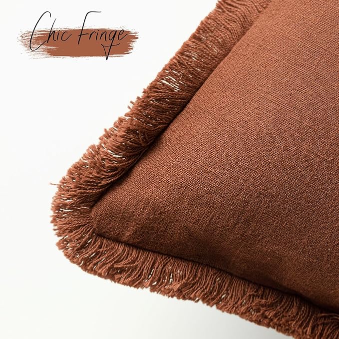 Foindtower Set of 2 Decorative Linen Fringe Throw Pillow Covers Farmhouse Cushion Cover with Tassels Soft Accent Pillowcase for Couch Chair Sofa Bed Living Room Home Decor,16×16 Inch,Fall Rust Orange