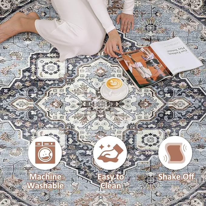 Round Rug Living Room Rugs: 7x7 Washable Boho Neutral Large Circle Soft Indoor Distressed Stain Resistant Floor Farmhouse Carpet for Bedroom Nursery Kids Playroom Office Dining Room Dorm- Blue Tan