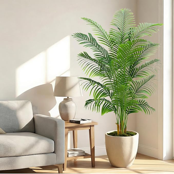 2 Pack Artificial Palm Tree Indoor Plant 7FT Tall Fake Tropical Palm Tree in Pot, Real Bark Design Faux Areca Palm Tree for Home Office Living Room Bedroom Farmhouse Modern Outdoor Topiary Tree