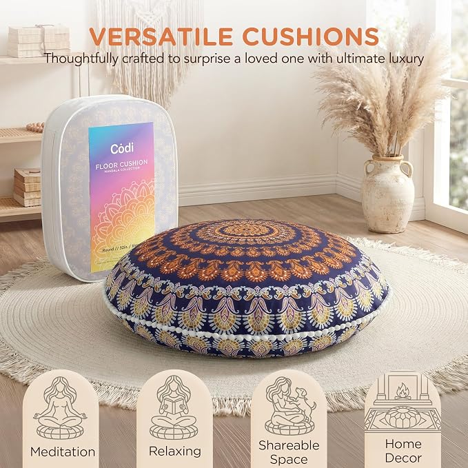 Codi Meditation Floor Pillows, Round Large Pillow Seating for Adults, Bohemian Mandala Circle Floor Cushion for Outdoor Fireplace Yoga Living Room, 32 Inch, Yellow Memory Foam Added