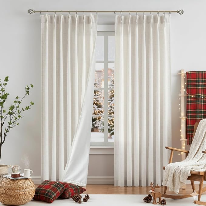Vision Home Natural Pinch Pleated Light Filtering Curtains with Microfiber Liner 102 inch Linen Blended Textured Pleat Window Drapes for Living Room Bedroom Back Tabs with Hooks 2 Panels 40" Wx102 L