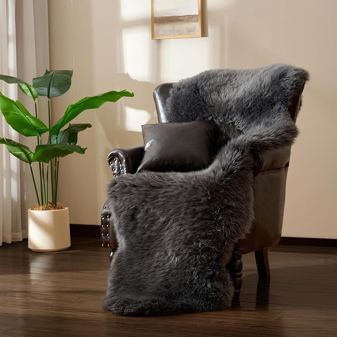 Premium Genuine Sheepskin Area Ruge - Real Wool Fur Shaggy Carpet | Fluffy Soft Natural Lambskin Rug Seat Chair Covers for Couch Sofa Bedroom Living Room(Dark Grey,2×6 Feet Sheepskin)