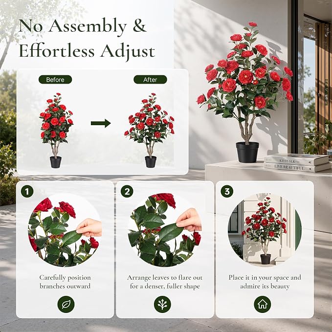 3ft Artificial Camellia Tree 2 Pack, 36" Faux Potted Camellia Plant with Vibrant Red Silk Flowers, UV Resistant Fake Flowering Tree for Front Porch Indoor Outdoor Home Office Floor Decor